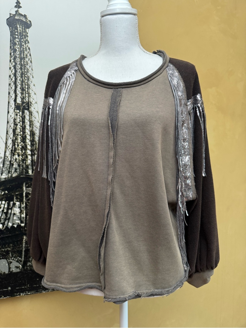 POL Brown Metallic Fringe Raglan Pullover